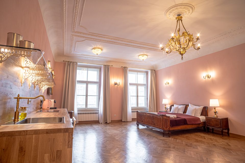 Szeroki widok apartamentu z aneksem kuchennym i łóżkiem